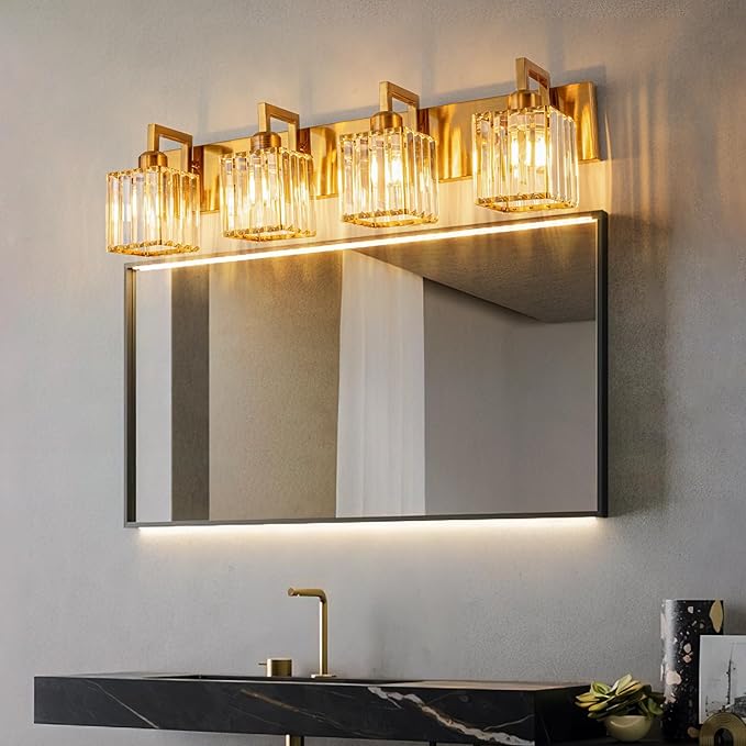 Modern Crystal Bathroom Vanity Light - 4-Lights Gold Brushed Brass Finish Wall Lamp-Ruum Studio Home