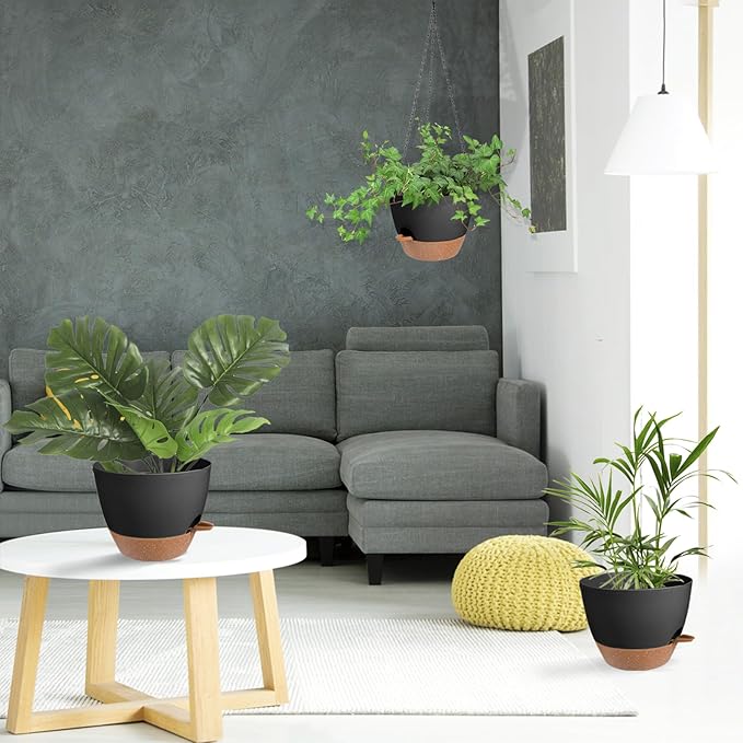 Hanging Planters for Indoor Outdoor Plants, 1 Set Self Watering Hanging Pot with Drainage Holes & Removable Tray (Black-12inch, 12'')-Ruum Studio Home