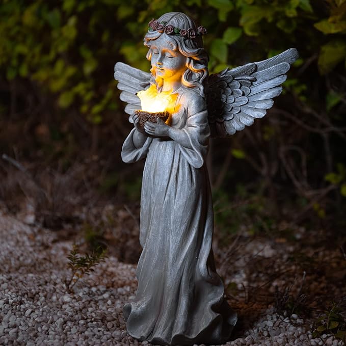 Angel Garden Statue Outdoor Decor, Angel Garden Figurine Hold Dove with Solar Lights Waterproof Resin Yard Art Decoration Lawn Ornament Sculpture for Outside Patio Yard Gift-Ruum Studio Home