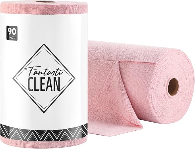 Fantasticlean Microfiber Cleaning Cloth Roll -90 Pack, Tear Away Microfiber Towels, 12" x 12", Reusable, Washable, Scratch Free, Ultra Absorbent Dish Rags for Car, Home, Garage or Shop (Pink)-Ruum Studio Home