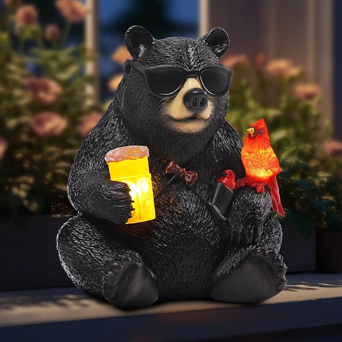 Solar Black Bear Statue for Garden with Beer and Cardinals 6.3" Resin Garden Statues for Outside Yard Paito Porch Decor Birthday Gardening Gifts for Women Mother Sister Grandmother Wife-Ruum Studio Home