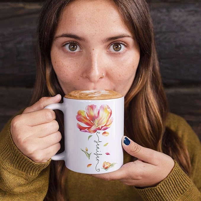 Personalized Flower Blossom Decorative Mug, Custom Name On Flower Coffee Cup, Novelty Floral Accent Mug 11oz 15oz, Customized Flower Lover Ceramic Cup, Gift For Friend Coworker-Ruum Studio Home