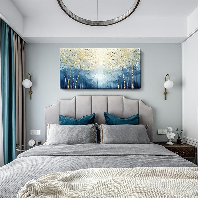 amatop Large Abstract Wall Art for Living Room Modern Tree of Life Canvas Art Print Nature-Inspired Navy Blue Wall Decor Landcape Artwork Birch Forest Picture Bedroom Office Dining Entryway 48x24 Inch-Ruum Studio Home