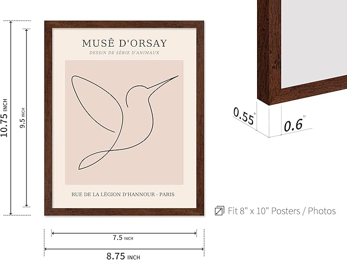 Poster Master Vintage Poster - Retro One Line Hummingbird Drawing Print - Bird Line Art - Minimal Gift for Him, Her, Animal Lover - Abstract Decor for Home, Office, 8x10 Brown Framed-Ruum Studio Home