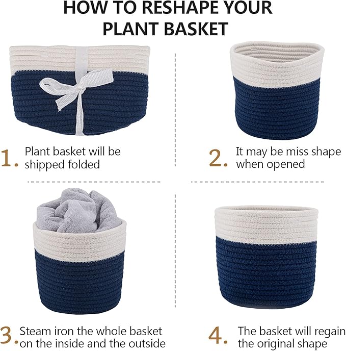 Cotton Rope Plant Basket Woven Baskets for 6" Pot Floor Indoor Planters,Rustic Home Decor H6 3/4" x W6 1/2" White Stitching Navy Blue-Ruum Studio Home