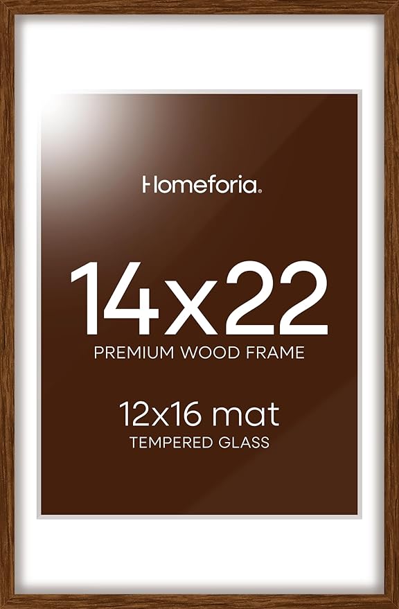 Homeforia 14x22 Picture Frame Brown, High End Dark Oak 14x22 Walnut Wooden Frames with Mat 12x16, 14 x 22 Wood Poster Frame Matted to 12 by 16, 22x14 Hanging Frames, Tempered Glass, Wall Kit, Set of 1-Ruum Studio Home
