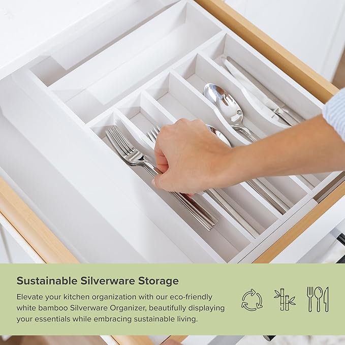 Premium Silverware, Flatware and Utensil Organizer for Kitchen Drawers, Food-Safe Contract Grade, Expandable from 10.5 to 19 In, White Bamboo-Ruum Studio Home