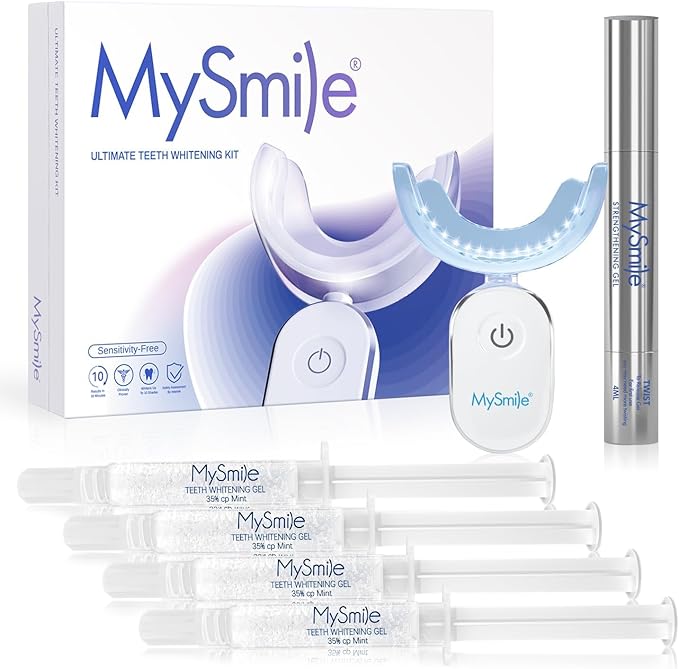 MySmile Deluxe 10 Min Teeth Whitening Kit with 28 LED Light, 35% Carbamide Peroxide Teeth Whitening Gel, Helps Remove Years of Stains from Coffee, Soda, Wines, Smoking, Food-Ruum Studio Home