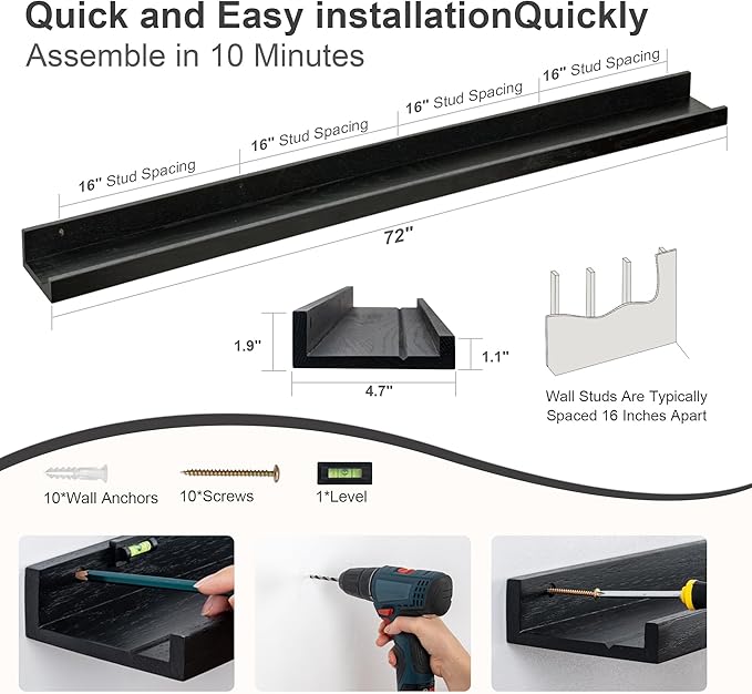 Floating Picture Ledge Shelves 72 Inch Solid Oak Wood Set of 2, Rustic Wall Storage Shelves with Lip, Kids Bookshelf, Photo & Picture Ledge Shelves for Bedroom, Living Room, Kitchen-Ruum Studio Home