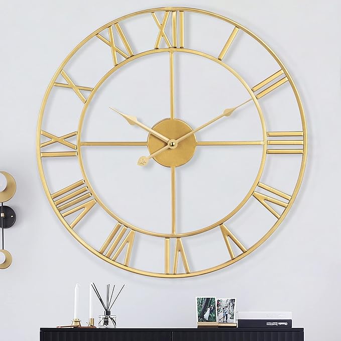 LEIKE Large Modern Wall Clocks,32" Gold Metal,Rustic,Round,Nearly Silent,Little Ticking,Battery Operated Roman Numerals Clock for Living Room/Bedroom/Kitchen Wall Decor-(Gold, 80cm)-Ruum Studio Home