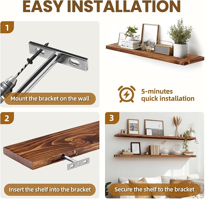 Floating Wall Shelves 2-Pack - 36-Inch Rustic Brown Wooden Shelves for Storage and Décor, Easy Installation for Living Room, Bedroom, and Kitchen-Ruum Studio Home