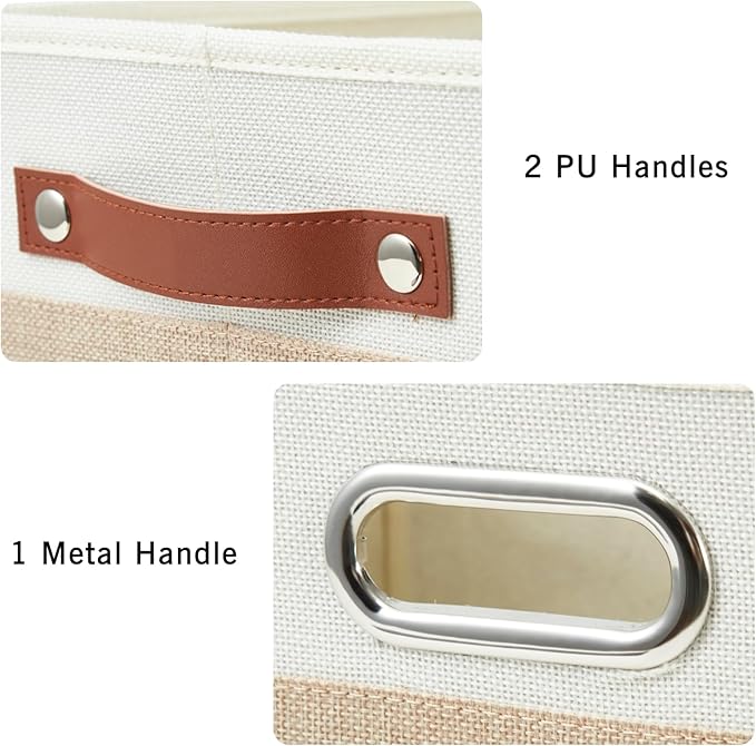 Large Collapsible Fabric Storage Bins with 3 Handles, Foldable Organizer Baskets for Closet, Shelves, Living Room | 3 Pack, Durable PU & Metal Handles (14.9"x9.8"x9.8", Beige & White)-Ruum Studio Home
