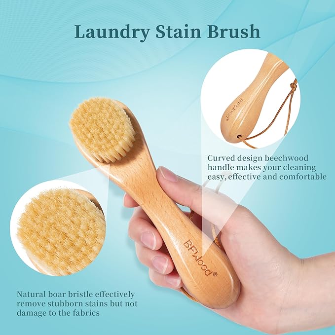 BFWood 2PCS Laundry Stain Brush - Natural Soft Boar Bristles, Removes Tough Stains from Delicate Fabrics Like Knits, Cotton, and Linens, Gentle on Fabrics, No Damage-Ruum Studio Home
