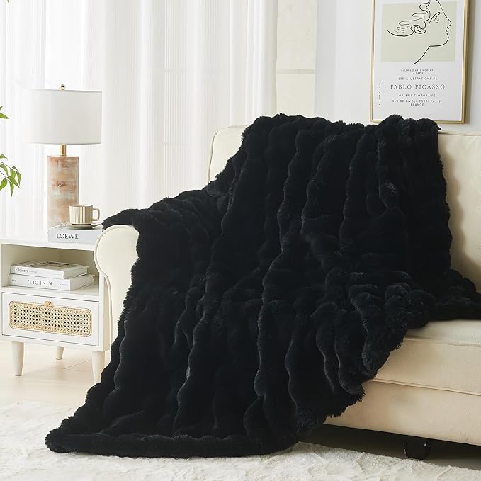 Lotus Karen Faux Fur Blanket - Black Twin Size, Big Bubble Rabbit Fluff, 60x80 Inches-Ruum Studio Home