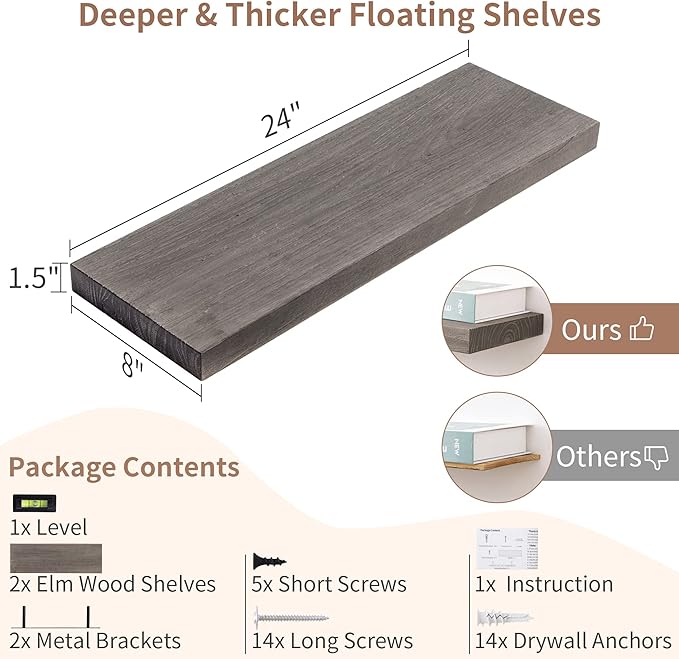 Axeman Floating Shelves for Wall, 24''W x 8'' D Rustic Solid Elm Wood Shelves for Storage, Wall Mounted Display Shelving with Invisible Heavy-Duty Metal Bracket (Grey, 2PCs)-Ruum Studio Home