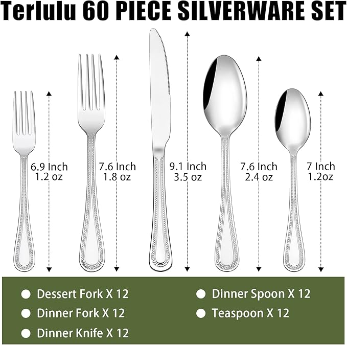 60-Piece Silverware Set for 12, Stainless Steel Flatware, Mirror Polished Cutlery Set, Utensils Include Spoons, Forks, Knives for Home, Restaurant, Beaded Handle, Dishwasher Safe-Ruum Studio Home