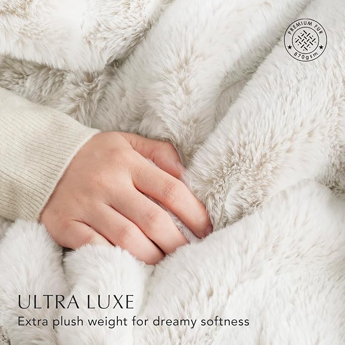Ultra Soft Luxury Fluffy Mink Faux Fur Throw Blanket, Thick Warm Fall Winter Blankets for Bed, Couch, Cozy Plush Reversible Blanket for Chair, Sofa (Tipped Champagne Ivory, 60"x80")-Ruum Studio Home