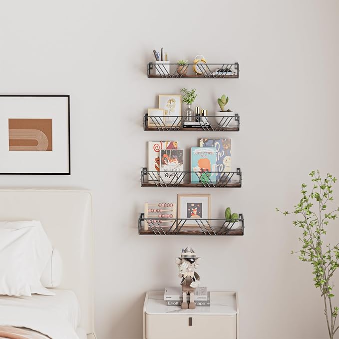 Floating Shelves for Wall Set of 4, Different Sizes Mounted Wood Floating Shelf, Wall Shelves for Living Room, Bedroom, Bathroom, Kitchen, Farmhouse Decor, Office-Ruum Studio Home