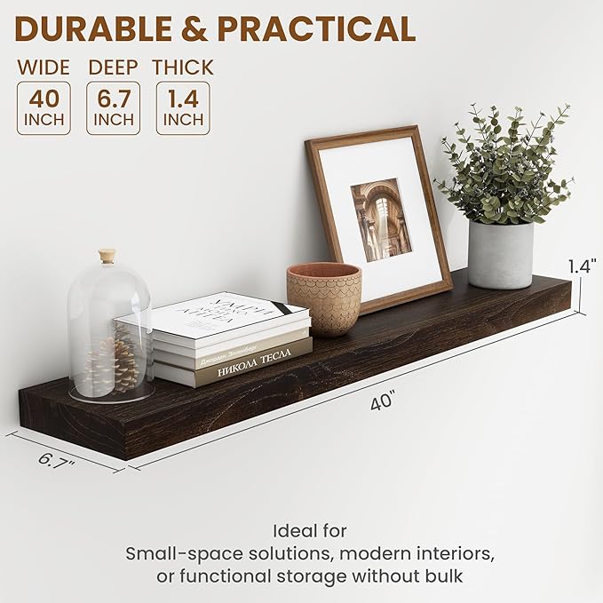 40 Inch Floating Shelves for Wall, Rustic Elm Wood Shelf for Home Decor, Heavy-Duty Wooden Floating Shelves for Kitchen, Wall Mounted Storage Shelves for Bathtoom, Living Room, Walnut Color, Set of 1-Ruum Studio Home