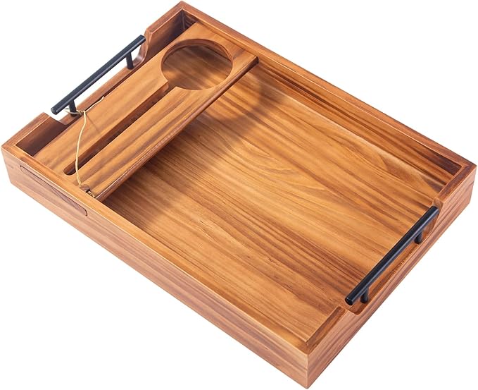 Wood Serving Tray with Handles, 17"x12" Rustic Wooden Trays with Removable Wine Glass Holder Decorative Ottoman Tray for Living Room, Coffee Table, Breakfast Food Trays in Bed-Ruum Studio Home