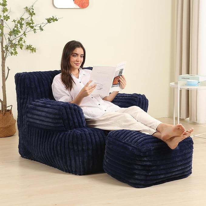 Comfy Gaint Bean Bag Chair with Ottoman, Fluffy Huge Bean Bag Armchair for Adults and Teens, Dark Blue-Ruum Studio Home