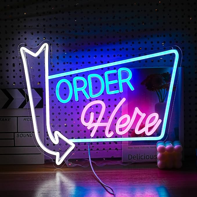 Order Here Neon Sign Led letters Sign Dimmable Order Neon Light for Wall Decor Larger Order Here Light Up Sign for Restaurant Shop Bar Business Neon Decor(16.1 * 12.6 In)-Ruum Studio Home