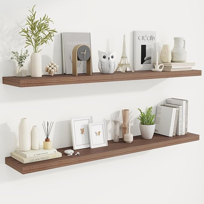 Fun Memories 55 Inch Fireplace Mantel Shelf -Long Floating Shelves, Deep Wall Mounted Farmhouse Display Shelves with Invisible Heavy Duty Metal Bracket, Walnut, 2 Pack-Ruum Studio Home