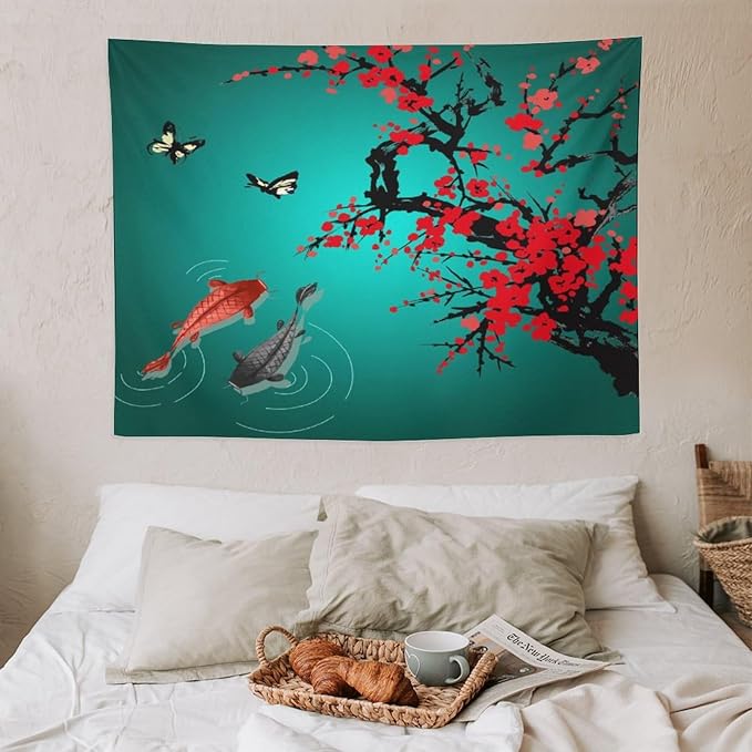 Japanese Koi Fish Tapestry, Cherry Blossoms Asian Oriental Green Teal Floral Branch Koi Fish Carp Tapestries Wall Hanging for Bedroom Living Room Office Decor 40"x30"-Ruum Studio Home