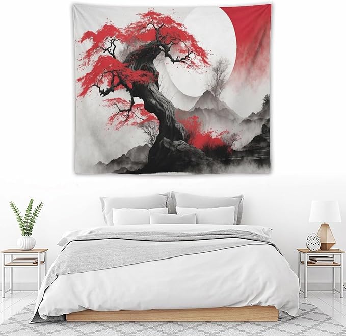 Cherry Blossoms Tapestry,Japanese Red Landscape Asian Watercolor Abstract Art Tapestry,Japanese Wall Tapestry, Nature Landscape Tapestries for Bedroom Living Room Decor 60"x50"-Ruum Studio Home