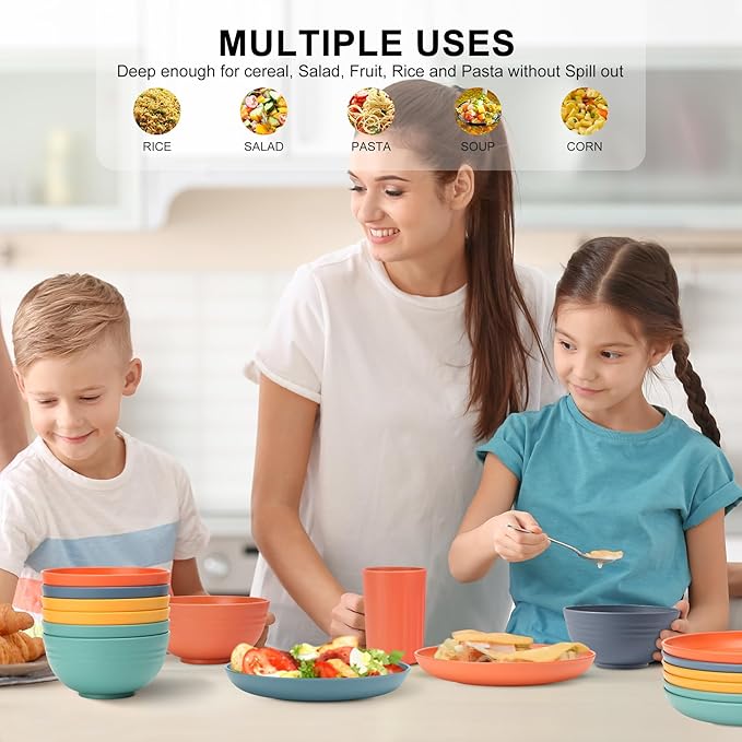 HOTEC 20-Pack Unbreakable Kitchen Plastic Wheat Straw Dinnerware Set – BPA-Free Plates, Bowls & Cups | Lightweight, Microwave & Dishwasher Safe | Multicolor Reusable Tableware for Home & Outdoor Use-Ruum Studio Home