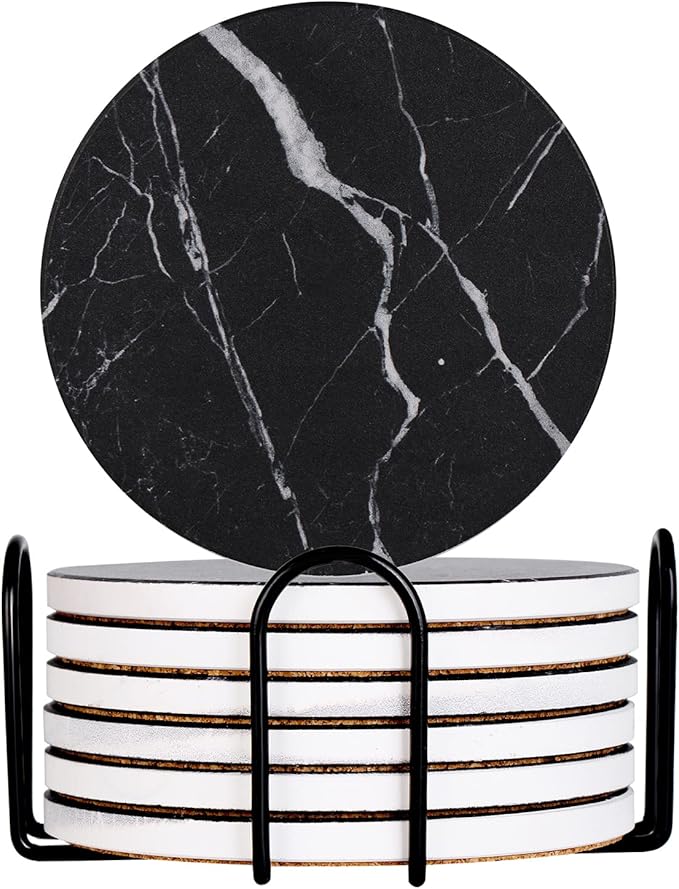 Drink Coasters with Holder Absorbent Ceramic Coasters Set of 6 Black Marble Style, 4 Inches Suitable for Kinds of Cups and Outdoor Picnic-Ruum Studio Home
