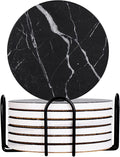 Drink Coasters with Holder Absorbent Ceramic Coasters Set of 6 Black Marble Style, 4 Inches Suitable for Kinds of Cups and Outdoor Picnic-Ruum Studio Home