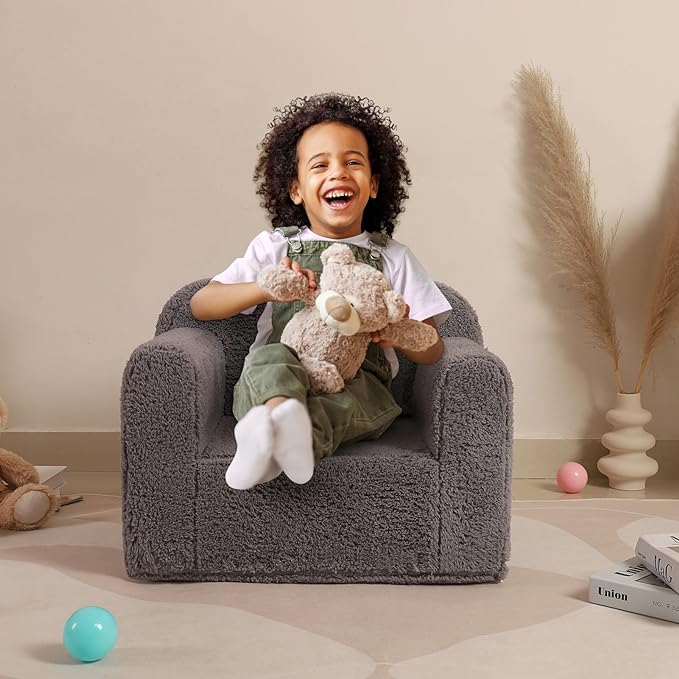 Kids Snuggly-Soft Sherpa Chair, Cuddly Toddler Foam Chair for Boys and Girls, Grey-Ruum Studio Home