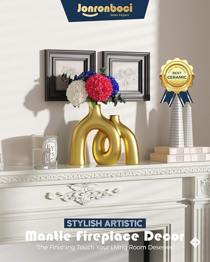 Hug Donut Decorative Vase Set - Golden Modern Classic Transitional Style Vases Home Decor, Matte Ceramic Decorations for Living Room Shelf, Bookshelf Mantle Entryway Table or Console Décor (Gold)-Ruum Studio Home