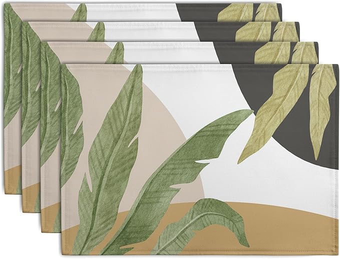 Tropical Palm Leaf Linen Placemats Set of 4 Summer Green Banana Leaves Themed Kitchen Place Mats Washable Non-Slip Heat Resistant Fabric Dining Table Placemats 12x18 Inch-Ruum Studio Home