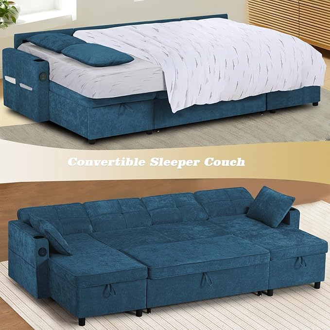 110 Inches Chenille Sectional Sofa w/Pull Out Sofa Bed & Adjustable Back, Tufted U Shaped Couch w/Two Storage Chaises, Sleeper Sectional Sofa w/USB Port & Cup Holders for Living Room, Blue-Ruum Studio Home