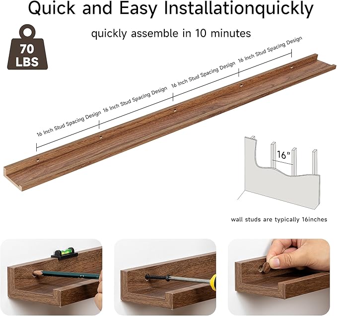 Floating Picture Ledge Shelves for Wall Set of 2, 84 Inches Picture Ledge Shelf with Long Large Nursery Book Shelf for Toys Storage Kids Bookshelf Wall Mounted Living Room Bedroom Decor Frames, Walnut-Ruum Studio Home