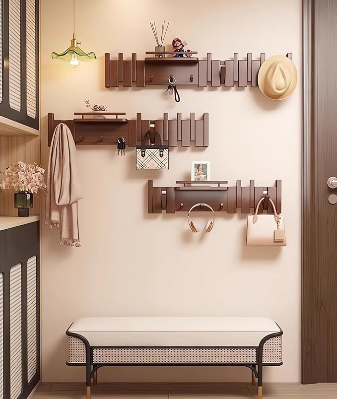 Wall Mounted Piano Key Hanger | Flip Style Hook | Entrance Wall Art Hook, Made of Oak Wood (3 Times Painted, 4 Times Polished) (Fence Beech, 10Hooks)-Ruum Studio Home