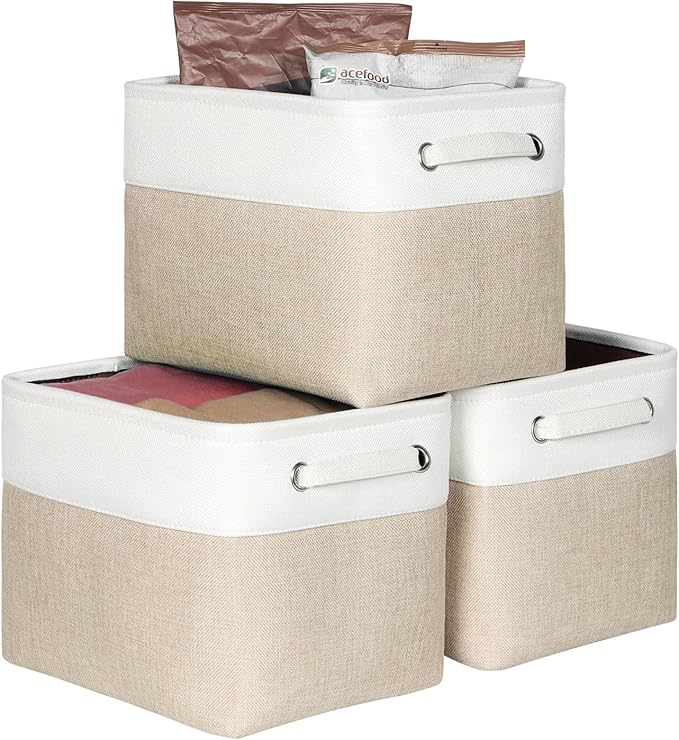 Kntiwiwo Foldable Storage Bin Collapsible Basket 12" x 10" x 9.5" Cube Storage Organizer Bins with Dual Carry Handles for Home Closet Shelves Drawers Organizer, Set of 3, Beige-Ruum Studio Home