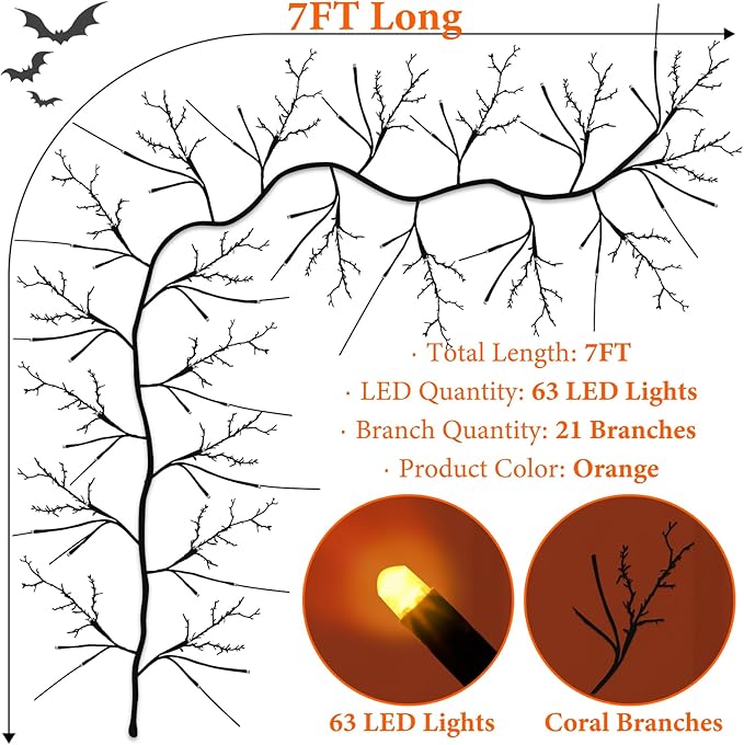 7 Ft Halloween Decorations Willow Vine Twig Garland with 8 Modes Timer 63 LED Orange Lights, Halloween Garland with Waterproof Battery Operated for Wall Fireplace Decorations Indoor Outdoor-Ruum Studio Home