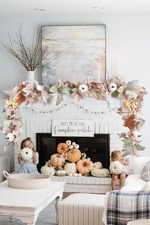 DearHouse Pumpkin Fall Maple Leaf Garland, 6Ft Hanging Vine White Maple Garland Artificial Autumn Foliage Thanksgiving Decor for Home Wedding Fireplace Party Christmas-Ruum Studio Home
