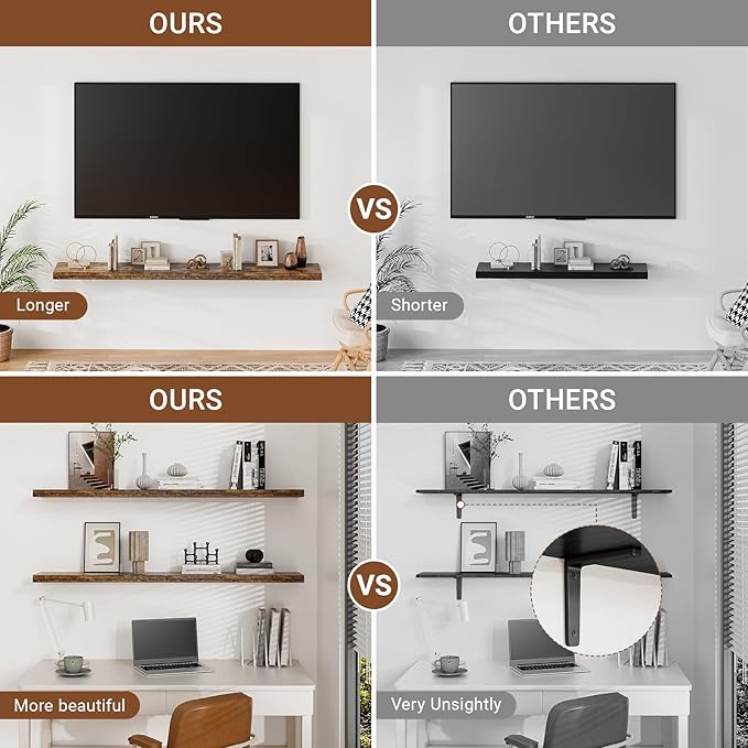 Heimlove 55 Inch Long Floating Shelves for Wall,9.3" Deep Rustic Brown Floating Shelf Set of 2,Large Display Shelf & Storage Shelf,Wall Mounted Shelves for Bedroom Living Room Kitchen Office-Ruum Studio Home