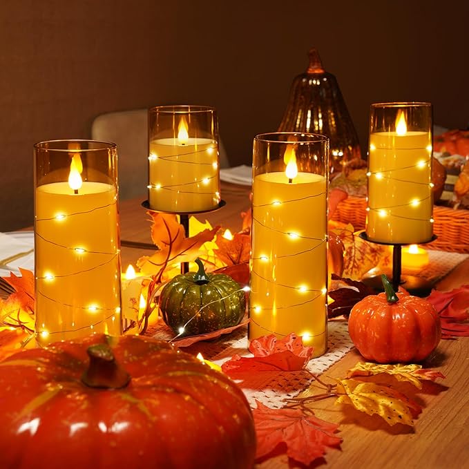 Homemory Acrylic Flameless Candles with Embedded Star String Fairy Lights, Battery Operated Candle, LED Candles, Fake Candles with Remote Control and Timer for Halloween, Amber, Set of 5(H4"5"6"8"8")-Ruum Studio Home