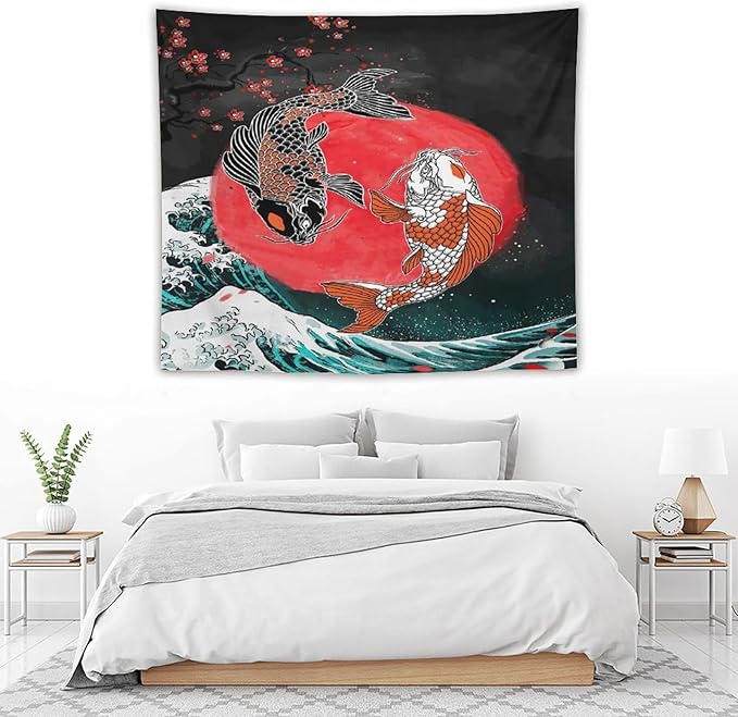 Houselerax Koi Fish Tapestries,Japanese Style Yin Yang Big Wave Cherry Blossoms Tapestry Wall Hanging for Bedroom Living Room Office Decor 60"x50"-Ruum Studio Home