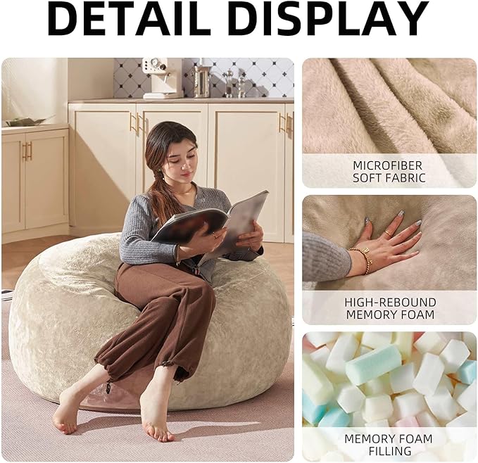 Bean Bag Chair 3Ft, Memory Foam Filled, Large Beanbag Chairs for Adults and Teens, Soft Sofa with Removable Flannel Cover, Round Couch for Living Room Bedroom College Dorm (Apricot, 3FT-36×36"×24")-Ruum Studio Home