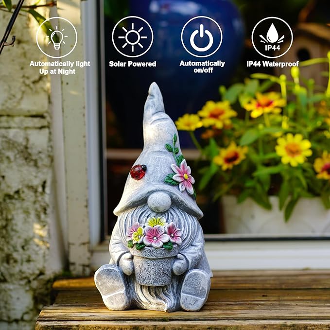 Goodeco Sitting Gnome Holding Flower Statue - Solar Garden Gnomes Decor for Outside with LED Lights, for Women or Moms, Housewarming Gnome Decorations-Ruum Studio Home
