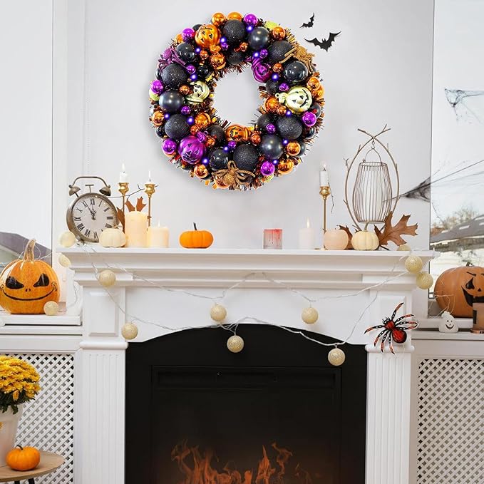13.8 Inch Halloween Ball Wreath for Front Door with Lights, Lighted Cute Treat-or-Trick Door Wreath Ball Ornament for Halloween Indoor Decorations Centerpiece Party Holiday Wall Home Decor-Ruum Studio Home
