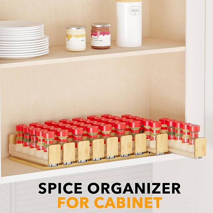 SpaceAid Bamboo Pull Out Spice Rack Organizer for Cabinet, Heavy Duty Slide Out Seasoning Kitchen Pantry Sliding Vertical Organization, 7.6" Wide, 3 Drawers(2" Wide), 1-Tier, Natural-Ruum Studio Home