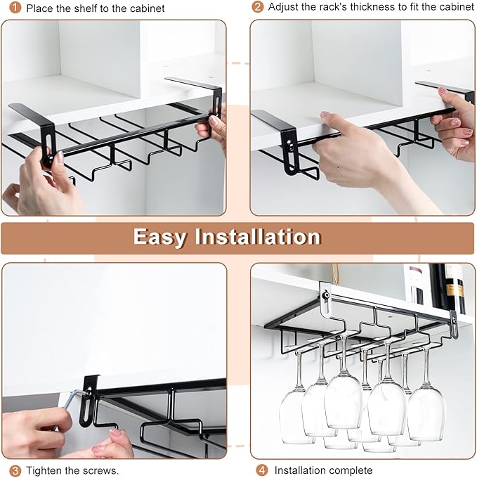 AUHOKY 2Pcs Adjustable Wine Glass Rack Under Cabinet, Punch-Free 3 Rows Stemware Metal Holder, Hanging Glass Storage Hanger Organizer for Shelf Kitchen Bar Decor (3 Rows, Black)-Ruum Studio Home