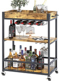 Bar Cart Serving Wine 3 Tier Home Rolling Rack with Wheels Mobile Kitchen Industrial Vintage Style Wood Metal Serving Trolley Serving Cart,Glass Holder Bar Cabinet-Ruum Studio Home